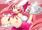  1girl animal_ears bow breasts bunny_ears choker cup di_gi_charat dice dress dress_pull huge_breasts lactation milk mug nipples open_mouth pink_eyes pink_hair ribbon solo toudori tray twin_tails twintails usada_hikaru 