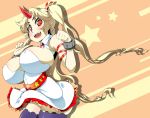 1girl alternate_hairstyle blonde_hair breasts cuffs female horn horns hoshiguma_yuugi huge_breasts impossible_clothes impossible_clothing impossible_shirt long_hair panties red_eyes shirt solo stockings thighhighs toudori touhou twin_tails twintails underwear