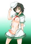 1girl black_hair blush breasts censored futanari green_eyes hat heart heart-shaped_pupils large_penis murasa_minamitsu navel neck_tie neckerchief necktie nipples no_panties no_pants open_clothes open_shirt open_shorts pandain penis sailor sailor_collar sailor_hat shirt short_hair shorts solo symbol-shaped_pupils touhou