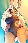  2012 animal_ears big_breasts breasts cameltoe claws clothed clothing female final_fantasy fran hair human lagomorph lips long_hair looking_at_viewer looking_down rabbit_ears red_eyes sheela smile solo standing swimsuit thighs tight_clothing video_games white_fur white_hair 