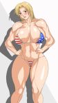 abs adductors america areolae bikini blonde blonde_hair blue_eyes blush breasts clavicle dead_or_alive double_h female huge_breasts micro_bikini mizugi muscle muscular_arms muscular_shoulders muscular_thighs navel neck_muscles oppai pecs swimsuit tina_armstrong