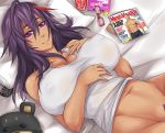 1girl bed breasts coca-cola cola_(exaxuxer) cola_(kuma_x) controller dark_skin exaxuxer glasses hair_between_eyes hair_feathers highres huge_breasts kuma_x long_hair lying magazine navel on_back on_bed original pillow pubic_hair purple_eyes purple_hair remote_control smile solo stuffed_animal stuffed_toy tank_top teddy_bear