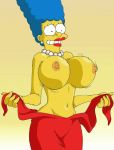 animated big_breasts blue_hair breasts earring eyelashes gif hair lipstick long_hair marge_simpson milf necklace nipple panties pixaltrix purple_panties red_lipstick smile teeth the_simpsons topless yellow_skin