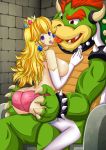 1boy 1girl artemisumi ass blonde_hair blue_eyes blush bowser bracelet breasts claws collar crown earring earrings elbow_gloves eyebrows gloves hand_on_thigh highres horns interspecies jewelry kissing koopa mario_(series) monster monster_sex nintendo panties panties_only princess princess_peach purple_eyes red_eyes red_hair saliva seraphina sharp_teeth shell sitting sitting_on_lap sitting_on_person spiked_bracelet spiked_collar spikes super_mario_bros. tongue topless underwear