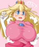 1girl blonde_hair blue_eyes blush breast_expansion breasts crown dress elbow_gloves erect_nipples gloves hat huge_breasts long_hair mario_(series) nintendo open_mouth princess princess_peach solo super_mario_bros. surprise surprised surprised_arms torathi