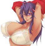  1girl :p ;p ahoge armpits arms_up bouncing_breasts bra breasts cleavage close-up cola_(exaxuxer) cola_(kuma_x) dark_skin exaxuxer glasses huge_breasts kuma_x long_hair looking_at_viewer one_eye_closed original purple_hair red-framed_glasses semi-rimless_glasses sideboob simple_background solo tongue tongue_out under-rim_glasses underwear undressing white_background white_bra wink 