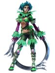  1girl alluring armor belt belt_buckle big_breasts blue_hair bodypaint boots breasts buckle chakram cleavage cleavage_cutout clothing_cutout contrapposto covered_erect_nipples cross-laced_clothes eiserne_drossel_(weapon) eyelashes eyeshadow facepaint facial_mark feathers full_body gloves greaves green_footwear green_hair green_lips green_thighhighs high_res huge_weapon kawano_takuji lipstick looking_to_the_side makeup midriff mole mole_under_eye multicolored_hair navel no_bra official_art pants parted_lips project_soul purple_eyes purple_gloves revealing_clothes short_hair simple_background soul_calibur soul_calibur_iii standing stockings thigh_high_boots tira torn_clothes two-tone_hair under_boob uneven_eyes weapon white_background 