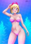 1girl alluring blonde_hair blue_eyes blush blushing_at_viewer bra cleavage female_focus female_only hair_accessory hair_band irida_(pokemon) lingerie looking_at_viewer open_mouth panties pokemon pokemon_(anime) pokemon_legends:_arceus short_hair solo_female solo_focus standing yukino_memories zel-sama