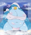 avian beak big_breasts blue_body blue_eyes blush breasts cleavage crying female gillpanda huge_breasts morbidly_obese navel nipples original overweight penguin photo_background pixel_penguin sad solo towel water