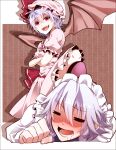 >:) >:d 2girls :d bat_wings blush closed_eyes crossed_arms drooling fangs female femdom hair hat headgear highres izayoi_sakuya maid_headdress multiple_girls open_mouth purple_hair red_eyes remilia_scarlet sakura_hazuki short_hair silver_hair smile stepped_on touhou wings yuri