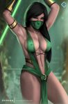  1girl alluring armpits arms_above_head arms_up athletic_female bare_legs big_breasts black_hair bracelet breasts cleavage color dark-skinned_female dark_skin evandromenezes face_mask female_abs female_focus female_only fit fit_female green_eyes high_res jade_(mortal_kombat) loincloth long_hair midway_games mortal_kombat nipple_bulge nipples nipples_visible_through_clothing sideboob solo_female solo_focus sweat tanned_skin thick_thighs uncensored warrior 