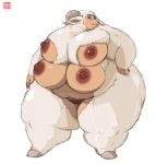 big_breasts blush breasts chubby ears extra_breasts fat female gillpanda horn horns multi_breast multiple_breasts obese overweight plump pussy sheep solo wide_hips