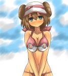 1girl alternate_hairstyle bad_id bikini blue_eyes blue_sky blush bow breasts brown_hair cleavage double_bun dyson_(edaokunnsaikouya) dyson_giga_drain edaokunnsaikouya embarrassed looking_at_viewer mei_(pokemon) nipples poke_ball_theme pokemon pokemon_(game) pokemon_bw2 sky solo swimsuit visor_cap