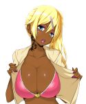 1girl artist_request blonde_hair bra breasts brown_skin chuunibyou_demo_koi_ga_shitai! cleavage dark_skin double_penetration eyeshadow female ganguro hair_ornament hairclip large_breasts lipstick long_hair makeup male nail_polish nibutani_shinka open_mouth ponytail purple_nails simple_background solo tattoo underwear white_background