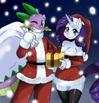 2012 animal_ears anthro blue_eyes blush christmas cleavage dragon duo equine female friendship_is_magic gift green_eyes hair holidays horn horse male my_little_pony pony purple_hair rarity sack smile snow spike sssonic2 unicorn white_fur wink