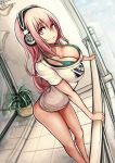 1girl big_breasts bra breasts cleavage female headphones large_breasts long_hair pink_hair purple_eyes super_sonico