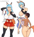  1boy 1girl big_breasts blue_eyes blue_hair bodysuit brown_hair brown_skin buttplug disguise fox_ears fox_tail lemonxchanh red_dress red_eyes skinsuit transparent_clothing white_shirt wide_hips 