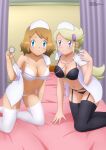 2_girls ace_trainer_(pokemon) ace_trainer_(pokemon_xy) alluring astrid_(pokemon) bed bent_over black_bra black_legwear black_panties black_thighhighs blonde_hair blue_eyes blush bra breasts cleavage eyelashes female_only headdress hospital hospital_bed human human_only kneel lingerie looking_at_viewer needle nintendo npc_trainer nurse_cap nurse_uniform on_bed pokemon pokemon_(anime) pokemon_xy purple_eyes serena serena_(pokemon) stockings text watermark white_bra white_legwear white_lingerie white_panties white_thighhighs zel-sama