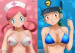 2_girls alluring amber_eyes bikini blue_eyes creatures_(company) game_freak green_hair nintendo nurse_joy officer_jenny pink_hair pokemon pokemon_(anime) zel-sama