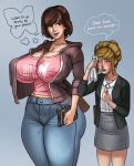 2_girls between_breasts blue_background blush breasts brown_hair cleavage clothed cross_necklace dialogue english_text freckles gradient_background hard-degenerate height_difference high_res hourglass_figure huge_breasts human humor jacket jeans kate_marsh larger_female life_is_strange max_caulfield messenger_bag multiple_girls necklace nipple_bulge perky_breasts size_difference skirt smaller_female speech_bubble strap_between_breasts sweat text thick_thighs thought_bubble voluptuous wide_hips yuri