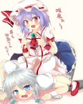 2girls all_fours bat_wings black_legwear blue_eyes blue_hair blush braid brooch fang female femdom garter_straps hair hair_ribbon hat hat_ribbon headgear izayoi_sakuya jewelry kuzumomo maid multiple_girls open_mouth puffy_sleeves red_eyes remilia_scarlet ribbon shirt short_sleeves silver_hair sitting sitting_on_person skirt skirt_set smile stockings text thighhighs touhou translation_request twin_braids wavy_mouth wings wrist_cuffs wrist_ribbon yuri