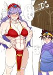 1boy 1girl abs armor bikini_armor breasts brown_eyes brown_hair choker chunsoft circlet cleavage double_penetration dragon_quest dragon_quest_iii enix female hands_on_hips helmet hide_(lindalindalinda) large_breasts loincloth long_hair male muscle muscle_girl navel purple_eyes purple_hair roto soldier_(dq3)