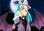  1girl aqua_hair bare_shoulders breasts green_hair huge_breasts long_hair moon morrigan_aensland solo tongue vampire_(game) white-stripes wings 