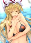 1girl bare_shoulders bikini black_bikini blonde_hair blush bow breasts chikado cleavage collarbone female hair_bow hat hat_ribbon large_breasts long_hair male navel parted_lips ribbon shiny shiny_skin smile solo swimsuit touhou yakumo_yukari yellow_eyes