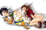 2_girls 2girls aerith_gainsborough ass bent_over black_hair blush bottomless brown_hair cameltoe closed_eyes female female_masturbation female_only final_fantasy final_fantasy_vii fingering hair hair_bobbles hair_ribbon happy long_hair masturbation multiple_girls panties pussy pussy_juice shadman short_hair smile sniffing yuffie_kisaragi yuri