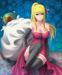 1girl bangs blonde_hair breasts cleavage double_penetration dress elbow_gloves female flower gloves green_eyes hair_ornament highres kuroma_(atapi) large_breasts leaning long_hair male metroid metroid_(creature) motion_lines necktie parted_lips ribbon sack samus_aran sitting snowflakes swept_bangs thighhighs