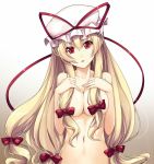 1girl alternate_eye_color bare_shoulders blonde_hair bow breasts bust censor_hair cleavage csai hair_bow hat hat_ribbon head_tilt highres long_hair looking_at_viewer navel red_eyes ribbon solo touhou very_long_hair yakumo_yukari