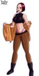 batman_beyond belly_button clothed clothed_female clothing coat_removed dc dc_comics dcau deanna_clay large_breasts nipples_visible_through_clothing pants red_hair red_lipstick reit shirt shoes thong