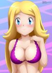 1girl absurd_res alluring big_breasts blonde_hair blue_background blue_eyes blush bra breasts cleavage collarbone creatures_(company) game_freak high_res korrina_(pokemon) long_hair looking_at_viewer nintendo pokemon pokemon_(anime) purple_background purple_bra smile standing two-tone_background underwear upper_body zel-sama