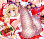  1girl at_classics big_breasts black_legwear blonde_hair breasts female fishnet_pantyhose fishnets gloves hat hat_ribbon large_breasts long_hair marker_(medium) panties panties_under_pantyhose pantyhose red_gloves ribbon sample santa_costume smile solo touhou traditional_media underboob underwear white_panties yakumo_yukari 