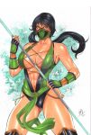 1girl abs alluring athletic_female big_breasts black_hair cleavage dark-skinned_female facemask female_abs fingerless_gloves fit_female green_eyes jade_(mortal_kombat) lanio_sena long_hair midway_games mortal_kombat revealing_clothes voluptuous