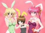  animal_ears between_breasts blonde_hair blue_eyes blush breast_grab breasts brown_hair bunny_ears bunnysuit lyrical_nanoha mahou_shoujo_lyrical_nanoha mahou_shoujo_lyrical_nanoha_a&#039;s pantyhose photoshop pink_hair pocky ponytail purple_eyes shamal signum yagami_hayate 