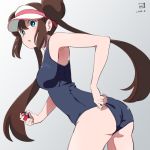  1girl 2020 ass blue_eyes brown_hair female female_human female_only game_freak hilda hilda_(pokemon) holding_poke_ball long_brown_hair long_hair looking_at_viewer mostly_nude nintendo one-piece_swimsuit poke_ball pokeball pokemon standing swimsuit_aside touko_(pokemon) 