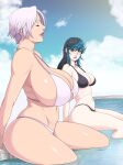  2_girls alluring arm_support bangs big_breasts blue_hair blue_sky blush breast_envy breasts cleavage closed_eyes hair_between_eyes high_res huge_breasts isabella_valentine long_hair looking_at_another lunasanguinis mature_female mole mole_under_eye multiple_girls navel outside pale_skin parted_lips partially_submerged pool relaxed scar short_hair sideboob sidelocks silver_hair sitting skindentation sky soul_calibur swept_bangs tan thick_thighs thighs tira_(soulcalibur) water 