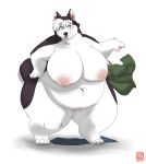 2012 ass big_ass big_breasts blush breasts canine chubby clothing dog female full_body gillpanda huge_breasts husky nipples nude overweight plain_background solo sweat transformation weight_gain white_background