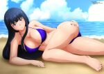  1girl alluring ass barefoot beach big_breasts bikini black_hair blue_bikini blue_eyes breasts cleavage cloud collarbone hand_on_own_ass killing_bites long_hair looking_at_viewer lying mitsukado_youko o-ring o-ring_bikini ocean sand sky smile swimsuit water youko_mitsukado zel-sama 