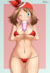  1girl abs aged_up alluring alternate_breast_size alternate_outfit bandanna big_breasts blue_eyes breast_shelf brown_hair cameltoe creatures_(company) drink eye_contact game_freak hands_on_breasts haruka_(pokemon) human humans_of_pokemon looking_at_viewer may_(pokemon) micro_bikini nintendo pokemon pokemon_(anime) pokemon_diamond_pearl_&amp;_platinum pokemon_dppt pokemon_rse red_bandana red_bikini short_hair small_waist smile source_request text thick_thighs watermark wide_hips wink winking zel-sama 