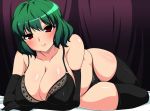   1girl bed_sheet black_bra black_gloves black_legwear black_panties blush bra breast_hold breasts cleavage curtains elbow_gloves gloves green_hair high_res huge_breasts kazami_yuuka kyokutou_hentai_samurai lace-trimmed_bra lying panties red_eyes short_hair smile solo stockings touhou underwear  