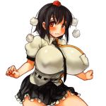 1girl before_and_after black_hair blush breasts embarrassed female hat huge_breasts looking_at_viewer looking_away neck_tie necktie red_eyes sachito shameimaru_aya skirt solo tokin_hat touhou wavy_mouth