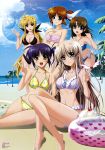  5_girls ball beach beachball big_breasts bikini blonde_hair blue_eyes blue_hair breasts brown_hair cleavage fate_testarossa higa_yukari innertube isis_eaglet legs lily_strosek long_legs lyrical_nanoha mahou_senki_lyrical_nanoha_force multiple_girls ocean official_art polka_dot polka_dot_bikini polka_dot_swimsuit raising_heart sand steed swimsuit takamachi_nanoha thighs yagami_hayate yellow_eyes 