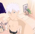  1boy boxers jujutsu_kaisen male male_only muscular_male pectorals satoru_gojo sexy_body solo_male twink white_hair 