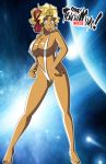  1girl barefoot big_breasts blue_eyes breasts dark_skin feet grimphantom grimphantom_(artist) long_hair mihoshi_kuramitsu open_mouth ponytail sling_bikini smile solo swimsuit tenchi_muyo 