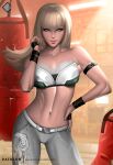 1girl alluring belt blonde_hair blue_eyes bra breasts denim emilie_de_rochefort endlesscomics evandromenezes jeans lili_(tekken) lili_rochefort long_hair looking_at_viewer namco pants punching_bag sweat tekken tekken_tag_tournament_2 underwear