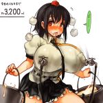 1girl before_and_after black_hair blush breasts faucet female hat holding huge_breasts lactation looking_at_viewer milk neck_tie necktie open_mouth red_eyes sachito shameimaru_aya solo tokin_hat touhou