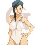  1girl bad_id beret big_breasts bikini black_hair breasts brown_eyes deadman_wonderland earrings erect_nipples female_only hand_on_hip hat hips hoop_earrings jewelry lips makina_(deadman_wonderland) nipples one-piece_swimsuit solo solo_female swimsuit tenchisouha 