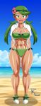 1girl 2018 abs alluring alternate_breast_size athletic_female beach big_breasts bikini blue_sky blush breasts cleavage clothed clothing curvy dark-skinned_female dark_skin dated eyebrows_visible_through_hair eyelashes female_abs female_only fit fit_female flower fully_clothed green_bikini green_eyes green_hair green_shoes green_swimsuit grin hair_flower looking_at_viewer mallow_(pokemon) nintendo ocean open_mouth open_shirt outside panties pink_flower pk-studios pokemon pokemon_sm public sea sexually_suggestive shiny_clothes shiny_hair shiny_skin shirt shoes signature sky smile standing swimsuit text thick_thighs toned_female tongue twin_tails video_game video_games water watermark white_shirt wide_hips